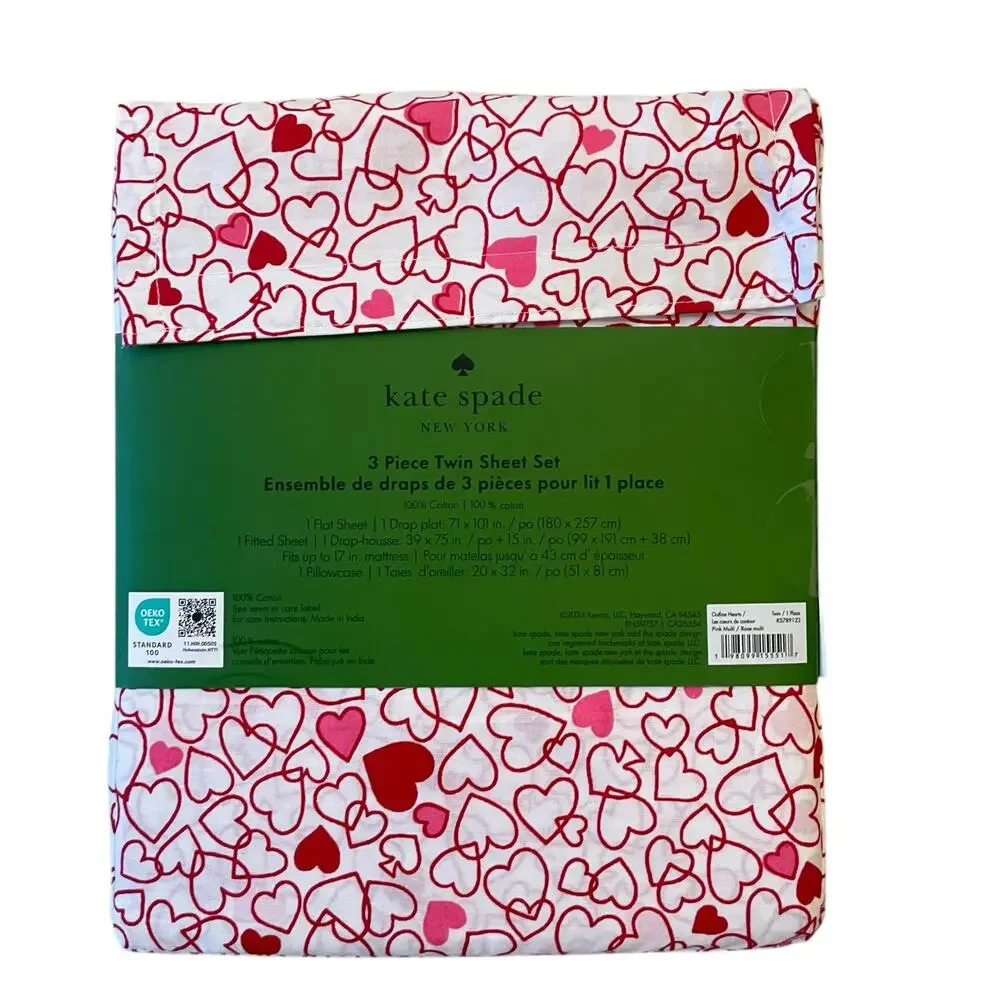 KATE SPADE Valentine's Day Pink Red Outline Hearts TWIN Cotton Sheet Set New